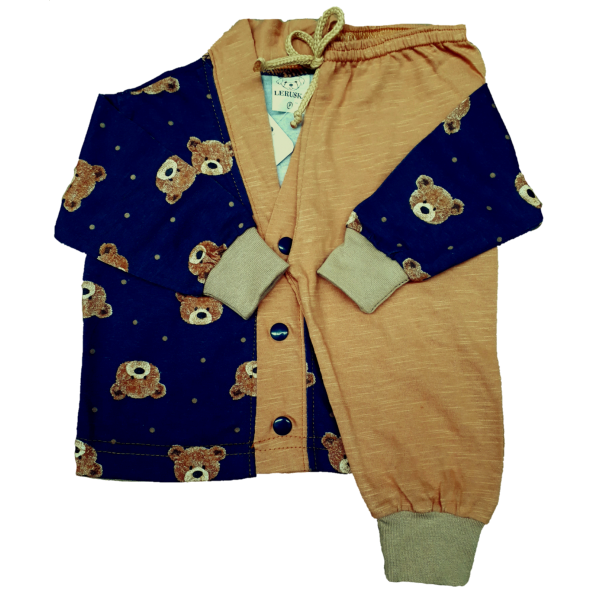 0275 Pijama Algodão Marinho com Urso Marrom e Calça Marrom P